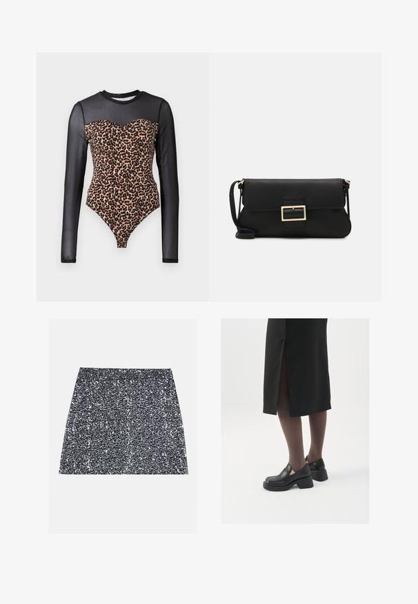 Langærmet bodysuit med en sort mesh-top og leopardmønster på kroppen, med en sweetheart-halsudskæring og tætsiddende form.; Sølvfarvet miniskørt med palietter, der har et tekstureret mønster og en lige pasform. Stof syns skinnende og reflekterende.; Sorte lædersko med rund tå, kraftig blokhæl og elastiske sideaccentuer, parret med mørke strømpebukser og en sort nederdel med slids.; Sort læder clutchtaske med klap og detaljer i guldmetallisk spænde. Inkluderer en sort rem og et slankt, minimalistisk design.; Sølvøreringe med et minimalistisk design. Cirkulær form, glat tekstur og tynd profil. Letvægtige med en poleret overflade.