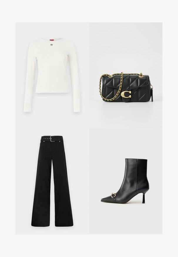 Valkoinen pitkähihaainen paita pyöreällä kaula-aukolla, jossa on pieni musta logo rinnassa, valmistettu sileästä, venyvästä kankaasta.; Mustat leveälahkeiset housut, jotka on valmistettu puuvillasta. Ne ovat korkeavyötäröiset, suuriin sivutaskuihin ja vyön kanssa varustettu, jossa on hopeanväriset yksityiskohdat.; Musta nahkasaapas nilkkapituisilla, terävillä kärjillä, hoikalla keskipituisella korolla ja hopeavöillä sivussa yksinkertaista taustaa vasten.; Musta tikattu nahkakäsilaukku, jossa on kultaketju ja toggle-lukko, jossa on pyöreä aksentti. Kompakti suorakulmainen muoto.