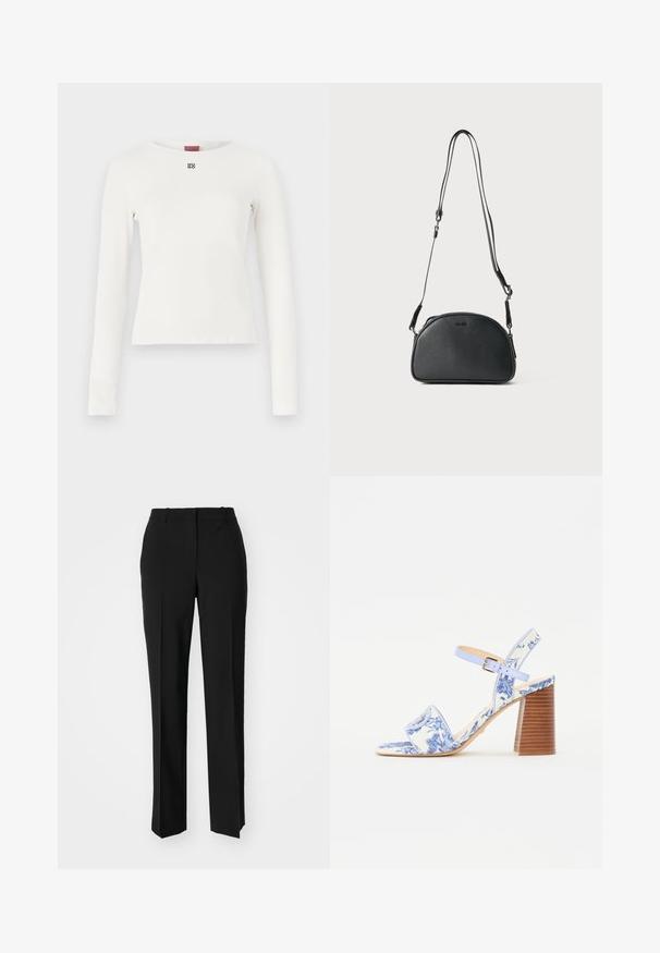 Bijela majica dugih rukava s okruglim izrezom, koja ima mali crni logo na prsima, izrađena od glatkog, rastezljivog materijala.; Crne krojene hlače ravnog kroja, s glatkom teksturom i oštrim pregibima naprijed. Bez vidljivih metalnih dijelova.; Plave sandale s cvjetnim uzorkom, kvadratnog vrha, širokim remenom i podesivim remenom oko gležnja, s teksturiranim drvenim blok potplatom.; Crna kožna torbica preko tijela s zaobljenim oblikom, dva podesiva remena i suptilnim logom sprijeda. Tekstura na vanjskom dijelu, minimalistički dizajn.