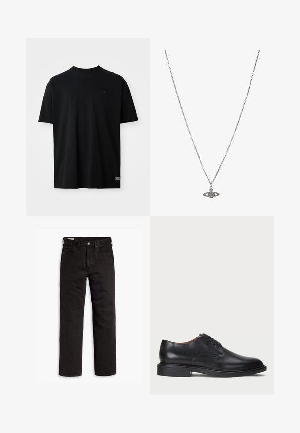 Čierne bavlnené tričko s krátkymi rukávmi a okrúhlym výstrihom. Obsahuje malé logo na hrudi a štítok na dolnom leme.; Čierne džínsy s rovnými nohavicami, s piatimi vreckami, s rozopínaním na gombík a pútkami na opasok, položené na bielom pozadí.; Čierne kožené spoločenské topánky s okrúhlym špičkou, šnurovacím dizajnom a nízkym zloženým podpätkom. Hladký povrch s minimálnymi švovými detailmi.; Strieborný retiazkový náhrdelník s detailným príveskom v tvare planéty, zdobený malými akcentmi a zložitými vzormi.