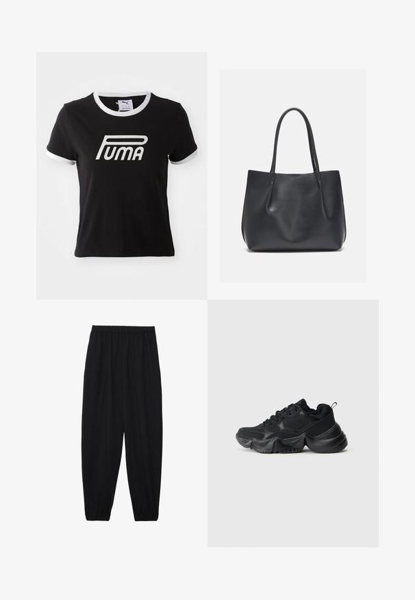 Čierne bavlnené tričko s bielym lemovaním na golieri a rukávoch. Na prednej strane má veľké biele logo Puma. Klasický strih.; Čierne, ľahké nohavice s elastickým pásom a zúženými nohavicami. Tkanina je hladká a má voľný, zúžený strih.; Čierne tenisky s kombináciou hladkých a textúrovaných materiálov, s hrubými podrážkami, zaobleným tvarom a dekoratívnym prešívaním. Majú mäkký, plyšový lem.; Čierna kožená taška s dvoma dlhými ušami, hladkou textúrou a jemným siluetou. Žiadne viditeľné kovanie ani vzory.