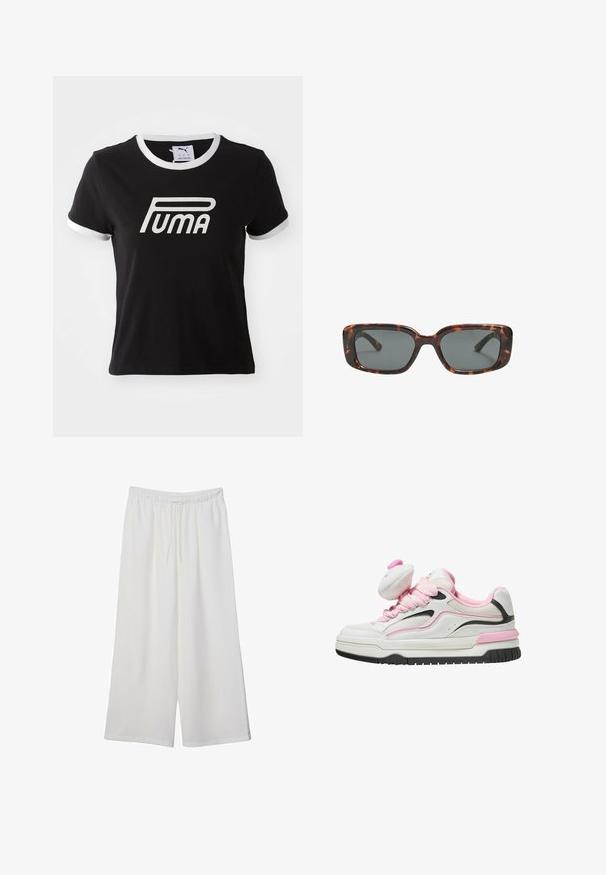 Črna bombažna majica s belim obrobom pri ovratniku in rokavih. Ima velik bel logotip Puma na sprednji strani. Klasičen kroj.; Bele široke hlače iz lahkega materiala, ki imajo elastičen pas in vrvico za prilagajanje. Gladka tekstura.; Bele in roza tenisice z mrežastim zgornjim delom, oblazinjenim jezikom in črnimi akcenti. Debel gumijast podplat s strukturiranim profilom za boljši oprijem.; Sonce, ki je oblikovana v tortoščkovem vzorcu, ima pravokotne leče, debele okvirje in temne leče. Ima gladko teksturo in minimalističen dizajn.