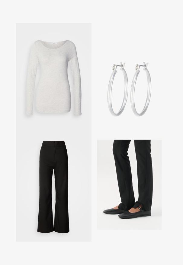 Marc O'Polo LONG SLEEVE BOAT NECK - Ilgarankovis viršutinės dalies drabužis - light granite melange; Juodos plačios kelnės su lygiu paviršiumi, aukšta liemeni, ir švariu dizainu. Nėra matomų kišenių ar papuošimų.; Juodų odinių balerinų batų su smailiu priekiu, juostele su sidabro sagtimi, derinami su juodomis pritaikytomis kelnėmis, turinčiomis plyšinį hemą.; Sidabriniai auskarai su sklandžiu, poliruotu paviršiumi. Apvalios formos ir saugus uždarymo mechanizmas. Lengvas dizainas, tinkantis kasdieniam dėvėjimui.