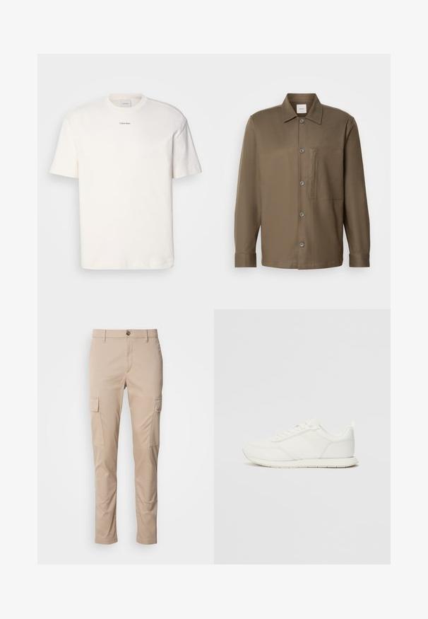 White cotton T-shirt featuring a round neck, short sleeves, and embroidered "Calvin Klein" logo at the chest center. Plain design.; Brown button-up shirt with a collar, long sleeves, a chest pocket, and smooth texture. Features grey buttons along the front.; Beige cargo pants with two side pockets, slim fit, made of lightweight fabric, featuring a front button closure and belt loops.; White sneaker with a mesh and synthetic upper, round toe, flat laces, and a textured side stripe. Rubber sole with a pull tab at the back.