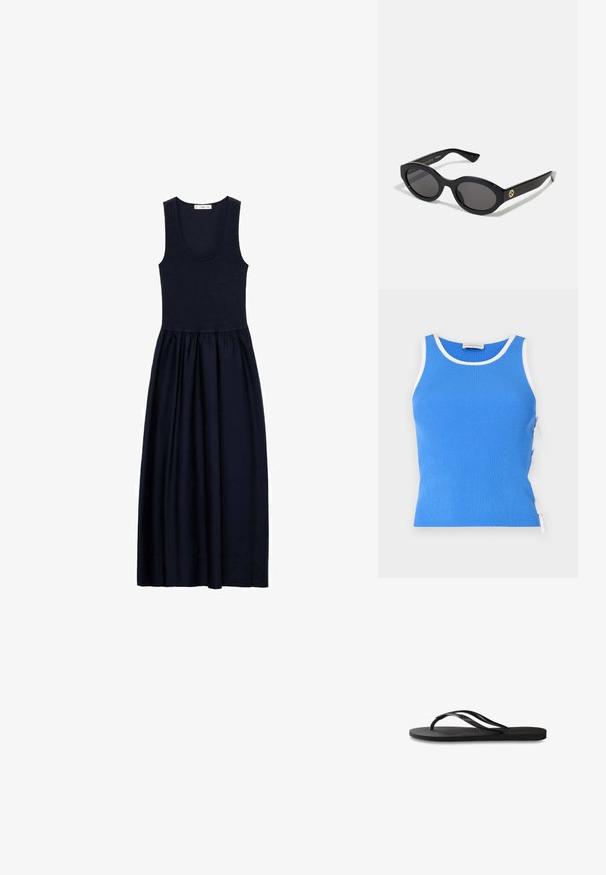 Modrá rebrovaná tielko s bielym obšitím, s nastaviteľnými bočnými viazaniami pre lepšie prispôsobenie. Materiál sa zdá byť mäkký s priliehavým strihom.; Námornícka modrá maxi šaty bez rukávov vyrobené z mäkkej tkaniny, s priliehavým telom a skladanou sukňou pre pohodlný strih a voľný pohyb.; Čierne žabky s textúrovanou gumovou podrážkou, dvoma štíhlymi popruhmi a diskrétnym embosovaným logom na popruhu.; Čierne oválne slnečné okuliare s tmavými sklami a lesklým plastovým rámom. Obsahujú zlaté logo na stráne, čo im dáva elegantný a moderný dizajn.; Čierna kožená kabelka so štruktúrovaným obdĺžnikovým tvarom. Obsahuje zlaté oválne zapínanie a tenký ramenný popruh. Hladká textura.