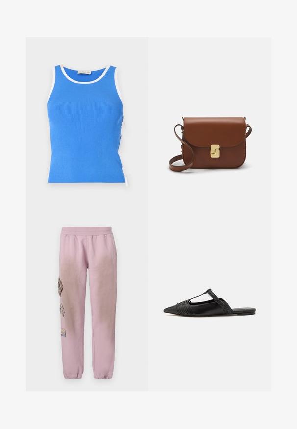 Blå ribbet tanktop med hvid kant, der har justerbare sidebindinger for tilpasning. Materialet ser blødt ud med et tætsiddende design.; Lyserøde sweatpants med elastisk talje, prydet med dekorative patches i diamantform på venstre side og elastiske manchetter ved anklerne.; Sort læderslyngeback sko med spids tå, der har en vævet detalje og en plisseret overdel. Flad sål med minimal hardware.; Brun læder håndtaske med flaplukning, hardware i gyldent tone, en skulderrem og en glat overflade. Kompakt rektangulær form.