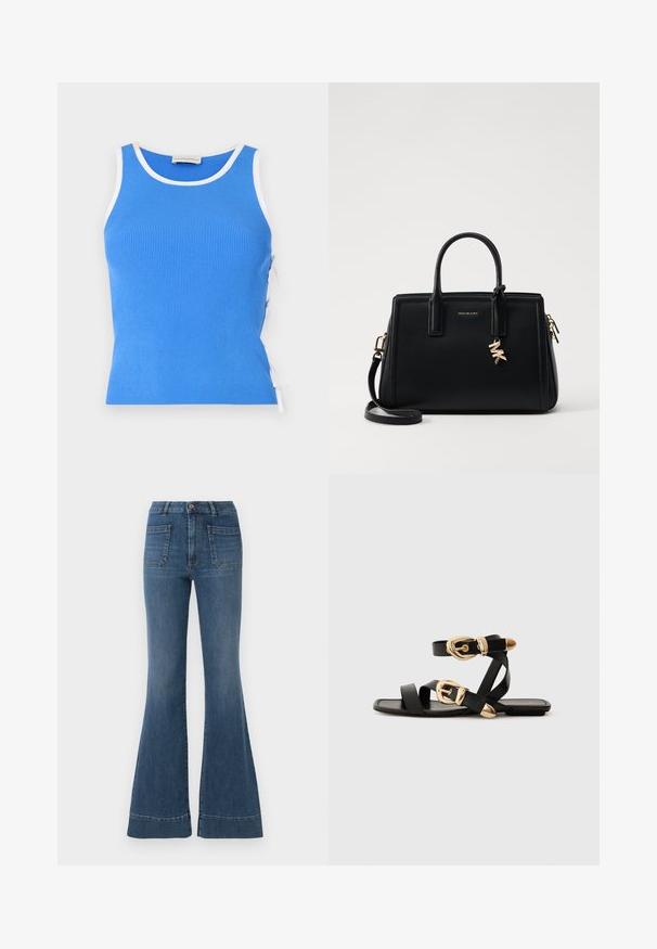 Top fără mâneci, de culoare albastră, cu margini albe, având legături laterale ajustabile pentru o potrivire perfectă. Materialul pare moale și are un design ajustat.; Jeans evazati de culoare albastră, într-o nuanță medie, cu talie înaltă, cinci buzunare și ușoare decolorări în jurul genunchilor și coapselor.; Sandale din piele neagră cu accente aurii pe catarame, având mai multe curele și un design cu talpă plată pentru purtare cu degetele la vedere.; Geantă de mână din piele neagră cu un design structurat, mânere superioare duble, curea de umăr detasabilă, accesorii din aur și un pandantiv cu logo.
