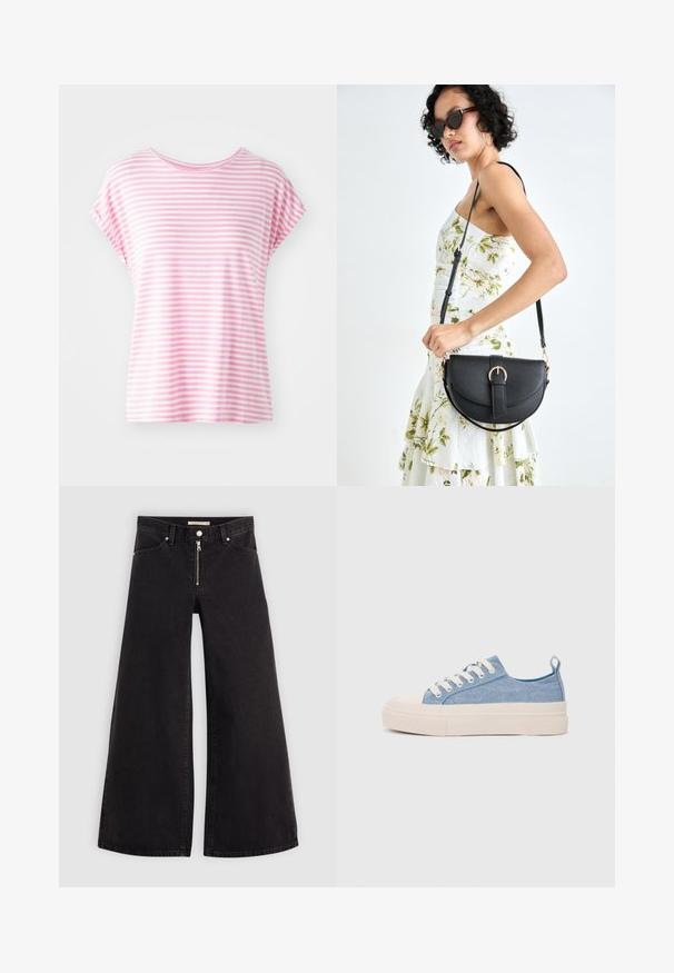 Light pink striped short-sleeve t-shirt with a round neckline. Soft fabric, relaxed fit, featuring even horizontal stripes in varying widths.; Wide-leg jeans in black denim with a zippered front, five-pocket design, and subtle stitching details. Smooth texture and casual style.; Light blue canvas sneakers with a cream rubber toe cap and outsole, featuring white laces and a pull tab on the heel.; Black leather handbag with a curved shape, detachable strap, and gold hardware. The bag features a flap with a buckle detail.