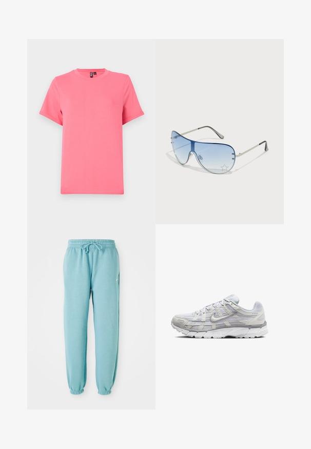 Svetlo roza kratka majica s kratkimi rokavi, izdelana iz mehkega bombaža; ima okroglo izrez in sproščen kroj, z zavitimi rokavi in gladko teksturo.; Svjetloplave trening hlače od mekanog materijala s elastičnim pojasom, detaljem na vezanju i elastičnim manžetama na gležnjevima. Mali logo sa strane.; Svetlo sivi atletski čevlji z zgornjim delom iz mrežaste in sintetične tkanine, opremljeni z vezalkami, oblazinjenim ovratnikom in teksturiranim podplatom za dober oprijem.; Pilotne sončne očala z gradijentnimi modrimi lečami, srebrnim kovinskim okvirjem in okrasnimi zvezdastimi detajli na lečah. Gladek in eleganten dizajn.