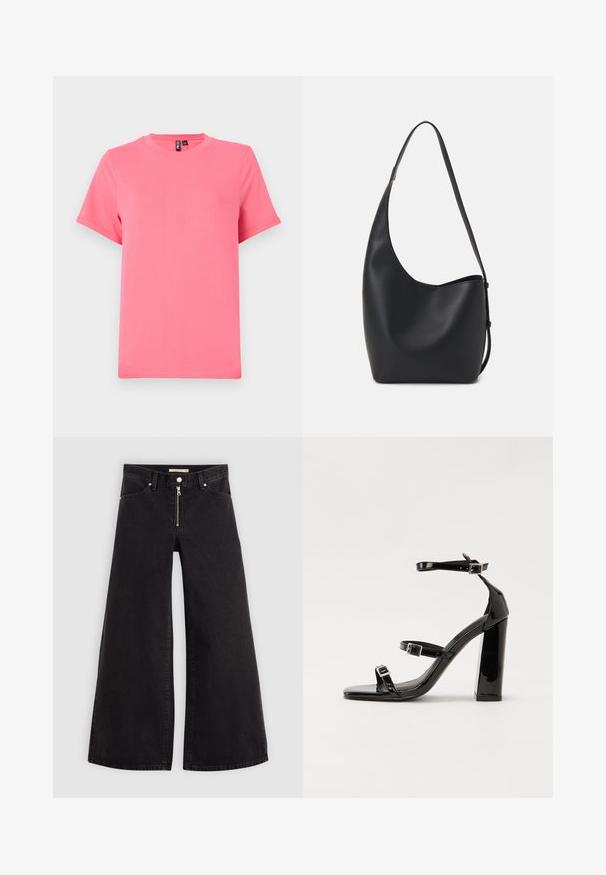 Lys pink kortærmet t-shirt lavet af blød bomuld; har rund halsudskæring og afslappet pasform med opsmøgede ærmekanter og en glat overflade.; Vide ben jeans i sort denim med lynlås foran, fem lomme-design og subtile stikninger. Glat tekstur og afslappet stil.; Sorte patenterede hælsandaler med firkantet tå, ankelremme og sølvspænder. Har en chunky blokHæl for stabilitet.; Sort læder hobo taske med en glat overflade, buet form og en enkelt justerbar rem; har en bred åbning øverst.