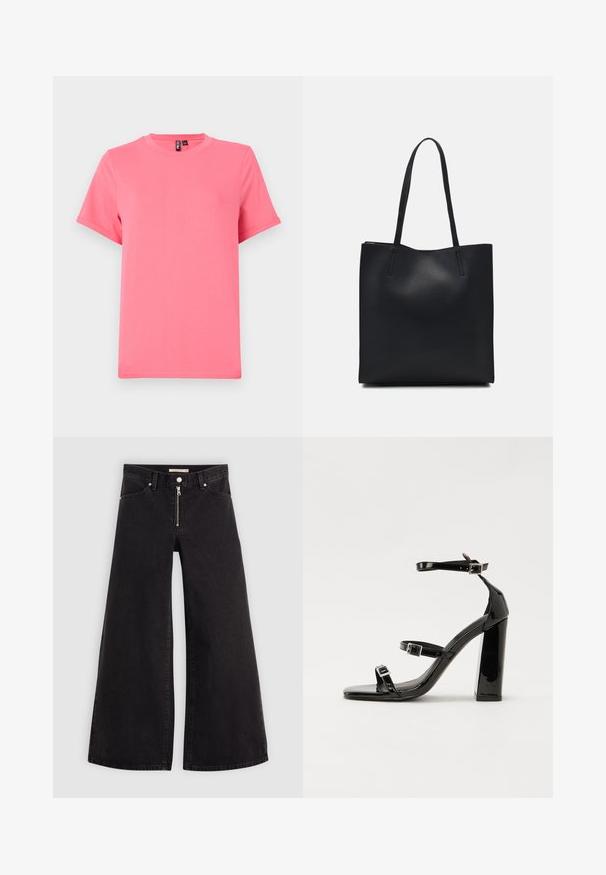 Bright pink short-sleeve t-shirt made of soft cotton; features a round neckline and relaxed fit, with rolled sleeve cuffs and a smooth texture.; Wide-leg jeans in black denim with a zippered front, five-pocket design, and subtle stitching details. Smooth texture and casual style.; Black patent heeled sandals with a square toe, ankle straps, and silver buckles. Features a chunky block heel for stability.; Black leather tote bag with smooth texture, rectangular shape, and two long handles. No visible hardware or embellishments.