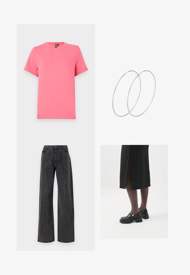 Lys pink kortærmet t-shirt lavet af blød bomuld; har rund halsudskæring og afslappet pasform med opsmøgede ærmekanter og en glat overflade.; Noisy May NMJANNEL LOOSE - Jeans Relaxed Fit - black denim; Sorte lædersko med rund tå, kraftig blokhæl og elastiske sideaccentuer, parret med mørke strømpebukser og en sort nederdel med slids.; Sølvøreringe med et minimalistisk design. Cirkulær form, glat tekstur og tynd profil. Letvægtige med en poleret overflade.