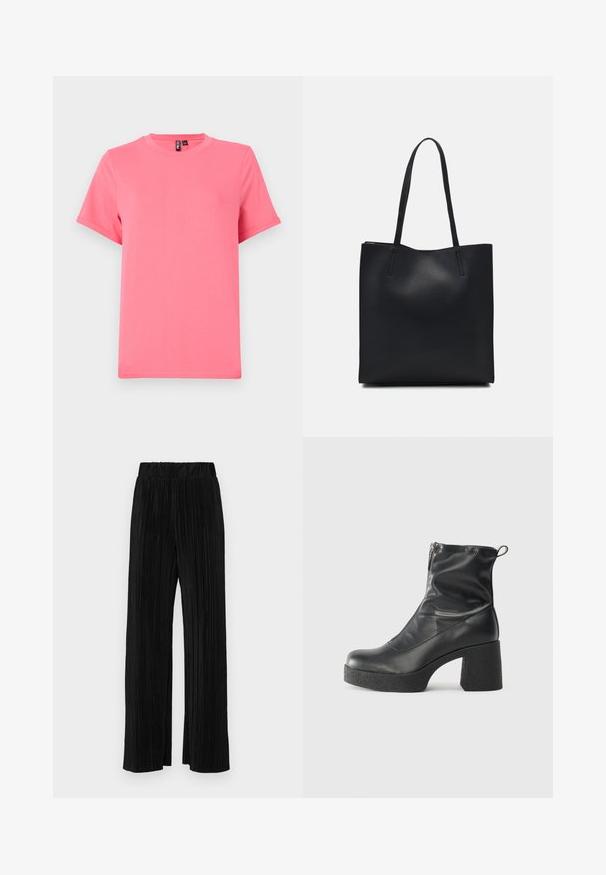 Lys pink kortærmet t-shirt lavet af blød bomuld; har rund halsudskæring og afslappet pasform med opsmøgede ærmekanter og en glat overflade.; Sorte plisserede bukser med elastisk talje. Har brede ben og et glat, tekstureret stof med lodrette striber.; Sorte ankelstøvler lavet af glat læder, med en sidelukning, kraftig struktureret hæl og rundt tådesign.; Sort læder tote taske med glat tekstur, rektangulær form og to lange hanke. Ingen synlig hardware eller udsmykninger.