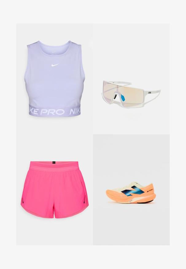 Svetlo vijoličast Nike Pro crop top, brezrokavni dizajn, z belim logotipom na prsih in zvitim pasom, ki vsebuje napis "NIKE PRO" v belem tisku.; Roza športna kratka hlače z zračnim pasom, ki imata stranske žepke in majhen črn Nike logotip na levi strani. Gladka tkanina.; Tekšča za tek z lahkotnim kremnim zgornjim delom, modrim logotipom in oranžnimi poudarki na podplatu. Mrežasta tekstura za zračnost.; Sončne naočale s belim okviru in velikimi, gradientnimi lečami, ki prehajajo iz roza v svetlo oranžno, ter z modrim nosnim delom in logotipom.
