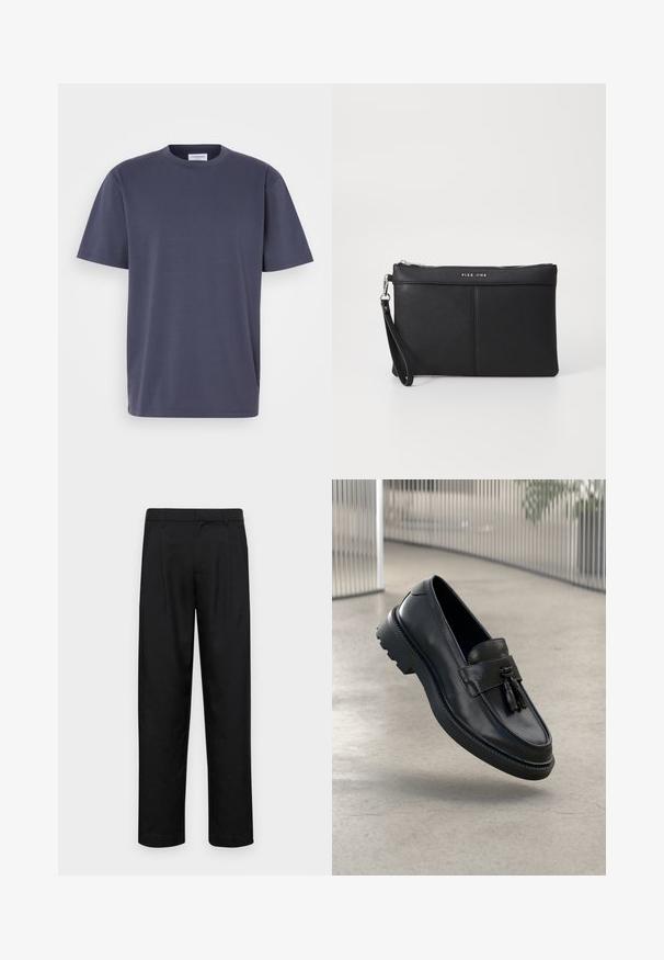 Sötétkék rövidujjú póló pamutból, kerek nyakkal és egyenes aljjal. Egyszerű, mintás vagy díszítés nélküli dizájn.; Fekete nadrág sima anyagból, egyenes szárú fazonnal, két elülső redővel és közönséges derékkal, övhurkokkal.; Fekete bőrből készült mokaszinok sima felülettel, díszes bojttal, vastag gumitalppal és varrott részletekkel. Könnyű és elegáns kialakítás.; Fekete szintetikus pénztárca cipzárral, csuklópánttal és sima felülettel. Finom varrás és a logó dombornyomott a fronton.