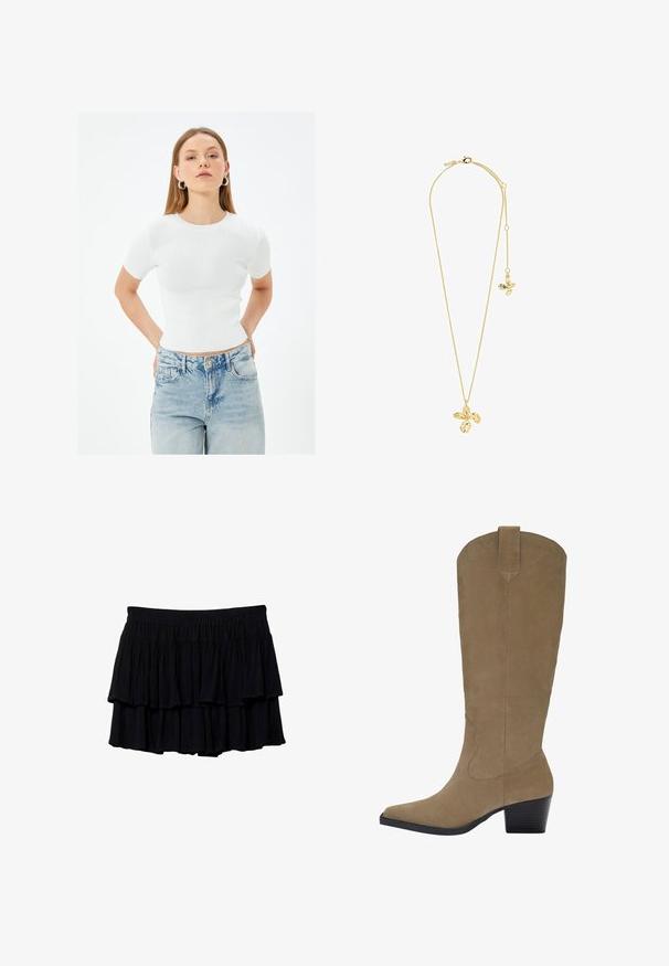 Weißes, geripptes, tailliertes T-Shirt mit rundem Halsausschnitt, kombiniert mit hellblauen, hochgeschnittenen Jeans, die klassische Taschen und einen Knopf aufweisen.; Schwarzer, gestufter Minirock mit Rüschendesign, aus weichem Stoff und elastischem Bund für Komfort. Fließende Textur mit geschichteten Stufen.; Knöchelhohe, sandfarbene Wildlederstiefel mit spitzer Zehenform, gestapeltem Absatz und genähten Details an den Seiten. Glatte Textur und strukturierte Form.; Pilgrim DREAM - Halskette - gold plated