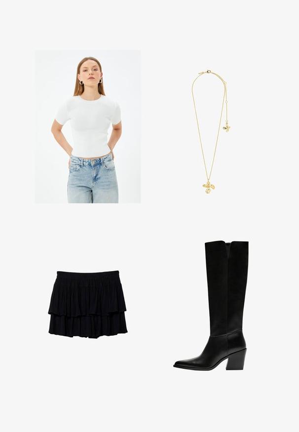 Biały prążkowany krótki rękaw dopasowany top z okrągłym dekoltem, zestawiony z jasnoniebieskimi spodniami z wysokim stanem, z klasycznymi kieszeniami i guzikiem.; Czarna mini spódnica warstwowa z falbanami, wykonana z miękkiego materiału i z elastycznym pasem dla komfortu. Lekka struktura z warstwowymi falbanami.; Czarne kozaki do kolan wykonane z gładkiej skóry, z ostro zakończonym noskiem, blokowym obcasem i wycięciem w kształcie litery V na górze.; Pilgrim DREAM złoty