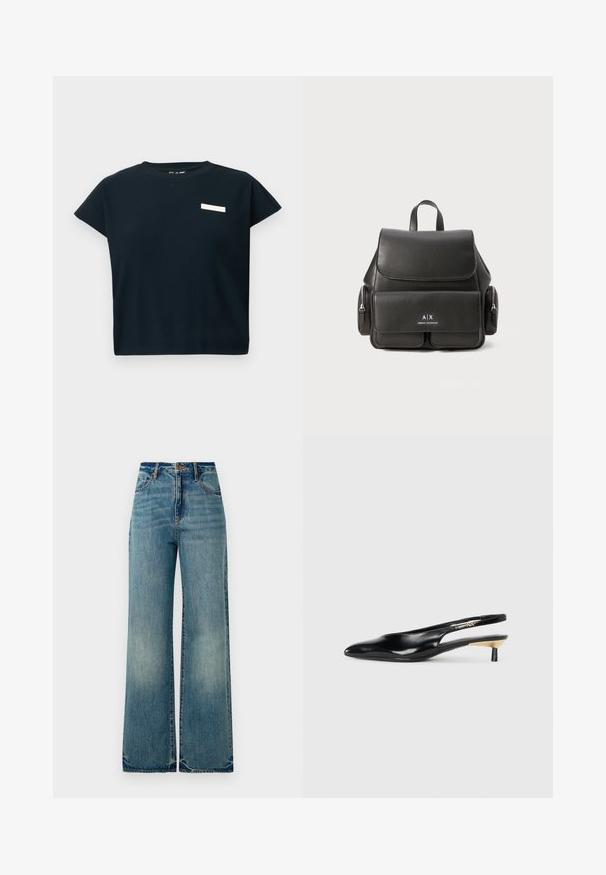 Svart ribbestrikket topp med korte ermer og rund hals, med et lite hvitt merke på brystet, laget av mykt bomullslignende stoff.; Lys blå denim vidt bukser med høy midje, fem lommer og lett frayed hem, som viser en teksturert, falmet finish.; Sorte slingback pumps med spiss tå, glanset skinnfinish og en liten hæl med gullakcent. Elegant design med åpen bak.; Svart skinnryggsekk med klafflukkning, frontlomme, sidelommer med glidelås og et håndtak på toppen. Har logo-detaljer på forsiden.