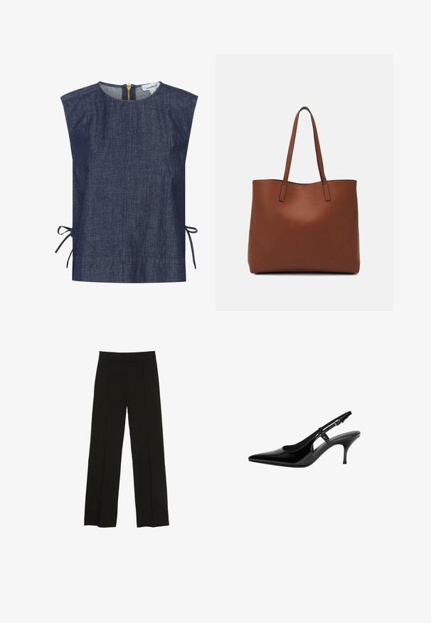 Mörkblå denimöverdel med hög hals, korta ärmar och sidband. Har en guld dragkedja i ryggen och en slät yta.; Svarta vida byxor tillverkade av ett mjukt tyg, med en åtsittande midja och subtila framveck för en extra textur.; Svart lackläder slingback-pump med spetsig tå, öppna sidoutskärningar, smal klack och justerbart ankelsnöre.; Brun läder tote-väska med en slät textur, öppen toppdesign och två axelremmar. Har minimal söm och ingen synlig metalldetalj.