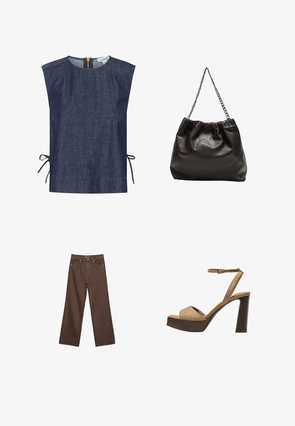Tamno plavi traper gornji deo sa visokim izrezom, kratkim rukavima i bočnim vezicama. Ima zlatni zip zatvarač na leđima i glatku teksturu.; Proširene smeđe traperice od denima, s visokim strukom, prednjim džepovima i klasičnom kopčom na dugme. Glatka tekstura s suptilnim šavovima.; Beige suedirane sandale s visokim potpeticama, širokom prednjom trakom i trakicom oko gležnja, s debelom drvenom blok-potpeticom s teksturiranim završetkom.; Smeđa kožna torba s naboranim vrhom i lančićem za nošenje. Glatka tekstura s sjajnim završetkom i suptilnim šavnim detaljima sa strane.