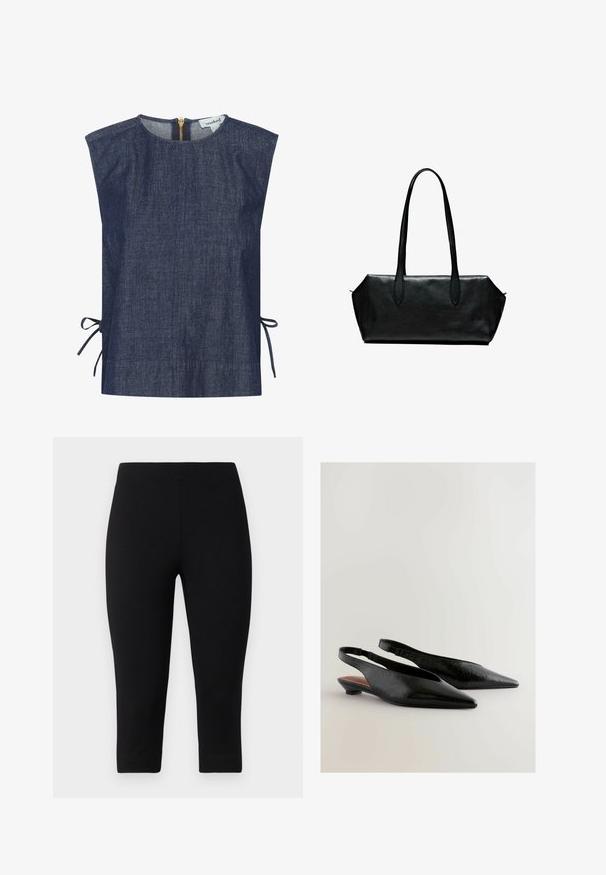 Mörkblå denimöverdel med hög hals, korta ärmar och sidband. Har en guld dragkedja i ryggen och en slät yta.; Svarta capri leggings gjorda av stretchigt material, med en åtsittande passform och slät textur, utan framträdande mönster eller detaljer.; Svarta slingback-skor med en spetsig tådesign, med en strukturerad yta och en liten blockklack. Inuti har de en brun accent.; Svart läderhandväska med långa handtag, rektangulär form, slät textur och snedställda sidor, med en minimalistisk design utan synlig hårdvara.