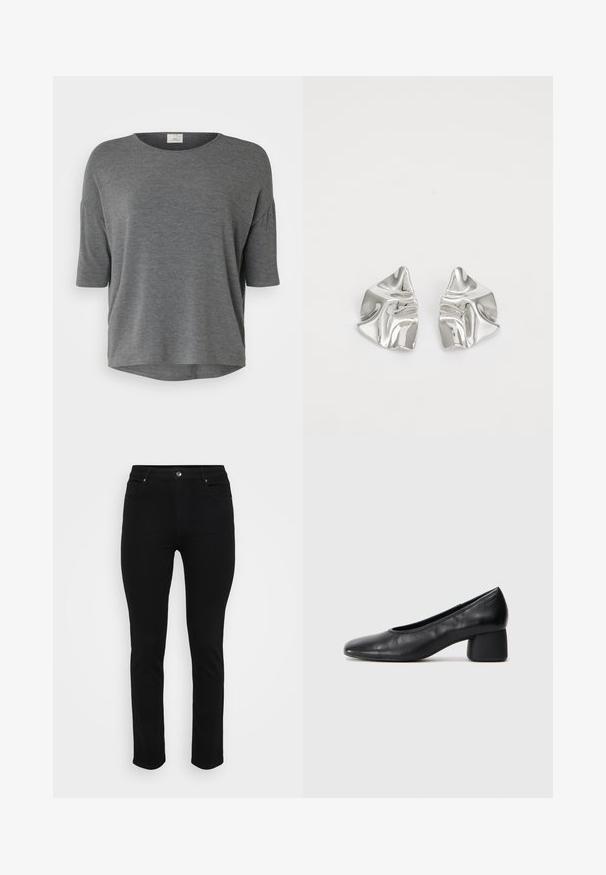 Grå kortermet topp i mykt stoff, med en avslappet passform, rund halslinning og buet nederkant. Ingen distinkte mønstre eller detaljer.; Sorte denim jeans med slim fit, fem-lomme design, front knappelukking og lett stretch for komfort. Flat, jevn tekstur med minimal detaljer.; Sorte lærpumps med rund tå og mellomstor blokkhæl. Glatt tekstur med minimalt med detaljer, og har en subtil elastisk åpning.; Sølvmetall øredobber med et bølgete, skulpturelt design, preget av en polert finish og uregelmessige former, som fremhever en moderne estetikk.