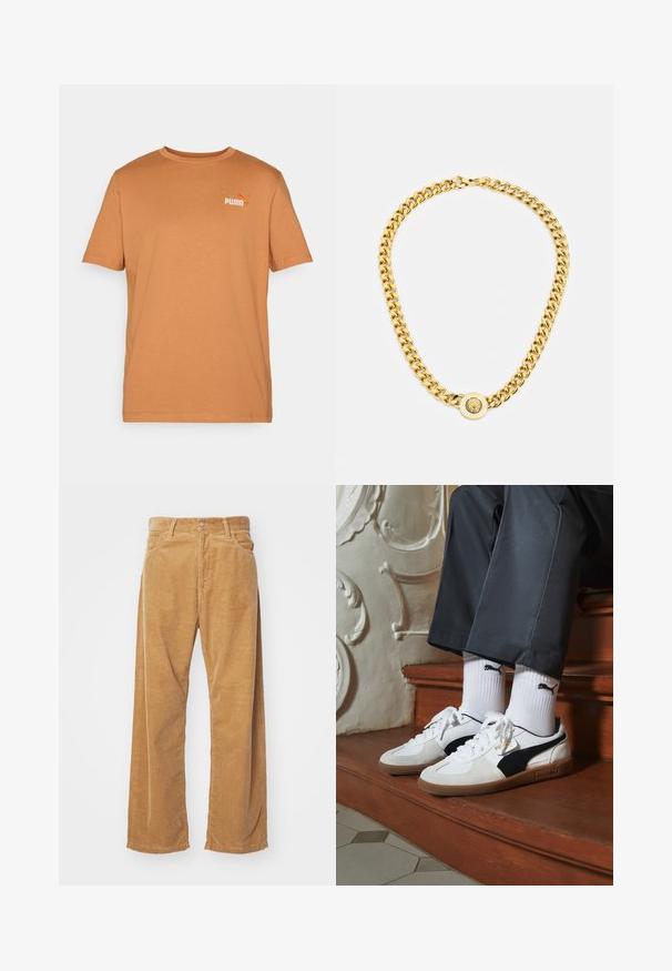 Korte mouwen, T-shirt met ronde hals in een warme bruintint, gemaakt van zacht katoen; voorzien van een klein oranje Puma-logo op de bovenste links.; Corduroy wijde broek in een tan kleur. Kenmerkt zich door geprofileerde, verticale ribbels, met een standaard tailleband en twee voorzakken.; Puma sneakers in wit en zwart suède, met een bruine rubberen zool. Gecombineerd met witte sokken met een zwart logo, gedragen met donkere broek.; Gouden ketting met grote onderling verbonden schakels, met een ronde hanger in het midden met een verhoogd embleem.
