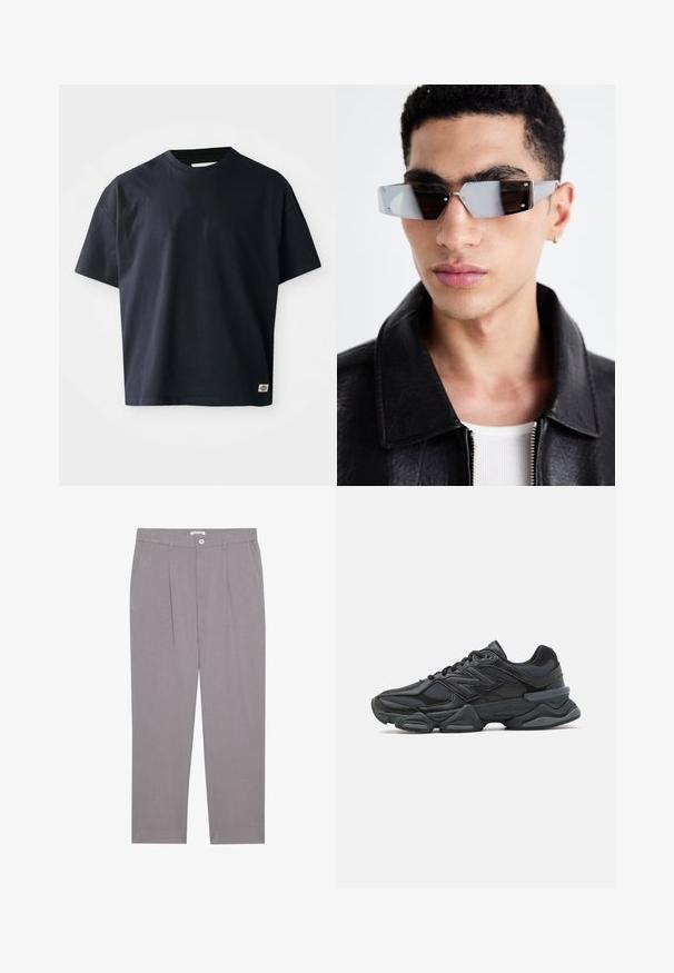 T-shirt de manga curta em azul marinho com decote redondo, apresentando um pequeno logótipo retangular da marca perto da bainha inferior do lado direito na frente.; Calças cinzentas sob medida com corte reto, apresentando dois bolsos frontais, pregas e fecho de botão. Confeccionadas em tecido leve.; Sapato de corrida preto com uma combinação de malha e materiais sintéticos, sola robusta, design curvado e uma marca de destaque na lateral.; Óculos de sol angulares com tonalidade cinza e detalhes em prata, contra um fundo claro. As lentes apresentam uma forma geométrica única.