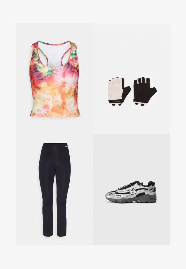 Nebbia SPORTY SLIM FIT CROP TANK - Toppi - rainbow dye; Mustat urheiluhousut, joissa on sileä pinta, leveä joustava vyötärö ja mukautuva muotoilu, joka kapenee hieman nilkkaan.; Hopeanväriset ja mustat urheilukengät, joissa on verkkosynteettinen päällinen, pehmustettu pohja, nauhakiinnitys ja sivupainatus.; Kuntosalit hanskat, joissa on vaaleanpunainen ja musta muotoilu, valmistettu hengittävästä materiaalista, säädettävä ranneke ja teksturoidut otteen korostukset.