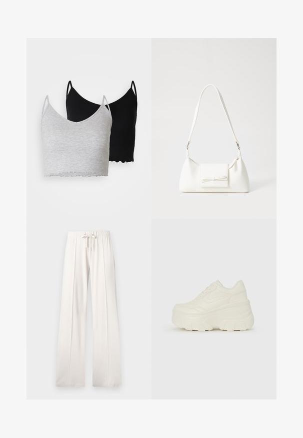 Even&Odd 2 PACK - Top - black/light grey; Svetlo bež trenirke, izdelane iz mehkega blaga, s punch rezom v pasu, širokimi nogami in vertikalnimi šivi ter gladko teksturo.; Bele platformske tene z belim zgornjim delom, ki spominja na usnje, okroglo obliko, oblazinjen ovratnik ter gumo z teksturo na podplatu z izrazitimi profili.; Bela sintetična torbica v obliki trikotnika, z ravnim sprednjim poklopcem in detajlom mašne, nastavljivim trakom, gladko teksturo in minimalističnim dizajnom.