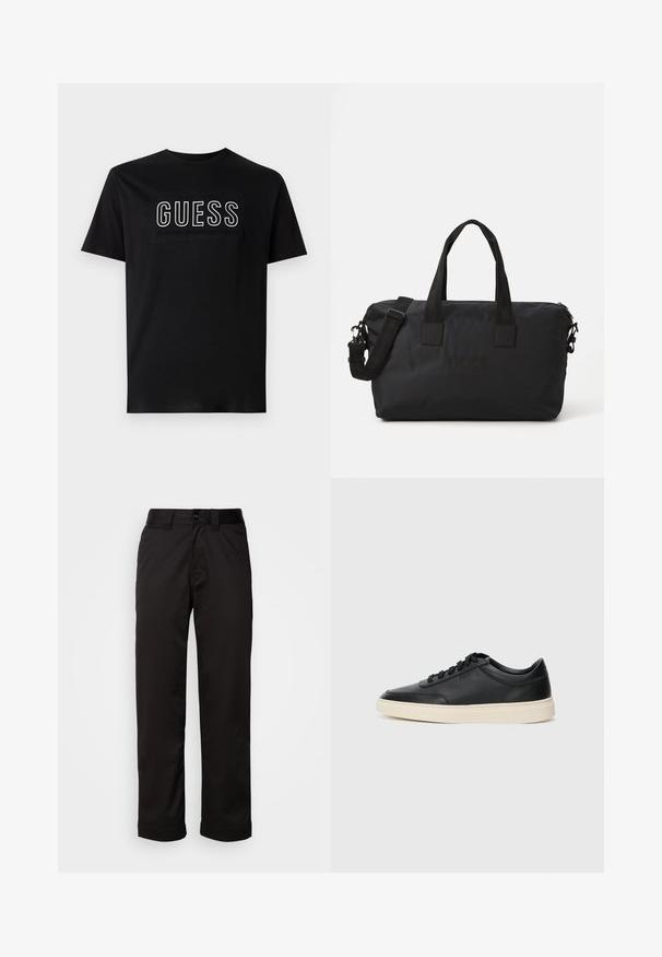 Juoda medvilnės marškinėliai su baltu "GUESS" logotipu, po kuriuo yra tekstas "EST 1981 CLASSIC AMERICAN STYLE". Trumpomis rankovėmis, apvalia kaklo iškirptė.; Juodos kelnės, pagamintos iš lygaus audinio, su užtrauktuku, mygtuko uždarymu ir sukietintais riešais neformaliam dizainui.; Juoda žema viršutinė odinė sportbačiai su juodais raišteliais ir kreminiu padu, pateikti šoniniame profilyje ant baltos fono.; Juodas nailono kertinis krepšys su dviem viršutiniais rankenomis ir nuimamąja petine juostele. Yra iškilus logotipas ir lygus paviršius su užtrauktuku.