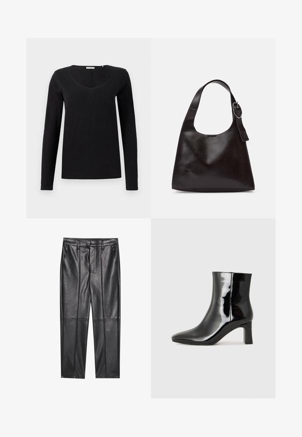 Juodas ilgomis rankovėmis marškinėliai su V-kaklo dizainu, pagaminti iš minkštos medžiagos su lygiu paviršiumi. Paprastas, klasikinis siluetas be papildomų dekoracijų.; Juodos odinės kelnės su lygiu tekstūru, tiesaus kirpimo, dviem priekinėmis kišenėmis ir matomomis siūlėmis.; Juodos lakuotos odinės aulinukės su smailiu pirštu ir vidutinio aukščio blokuotu kulnu. Lygus paviršius ir minimalistinis dizainas.; Ruda odinė petinė kuprinė su lygiu paviršiumi, apvalia forma, plačia juosta ir apvaliu metaliniu akcentu ant rankenos.