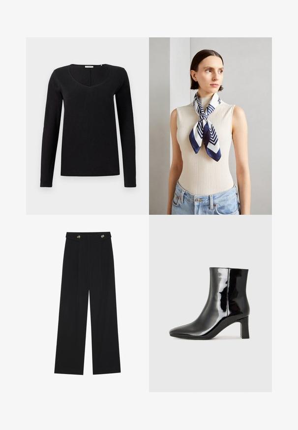 Black long-sleeve t-shirt with a V-neck design, made from soft fabric with a smooth texture. Simple, classic cut with no embellishments.; Black wide-leg trousers with high waist, button details on waistband, and front pleats.; Black patent leather ankle boot with a pointed toe and a mid-height block heel. Smooth texture and minimalist design.; Silk scarf in navy blue and white with a geometric zigzag pattern. Smooth texture, tied neatly around the neck, complementing a ribbed top.