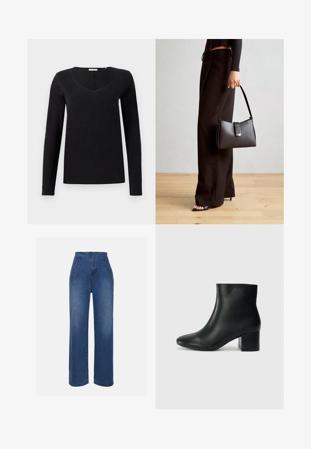 Fekete, hosszú ujjú póló V-neck (mélyen kivágott) dizájnnal, puha anyagból, sima textúrával. Egyszerű, klasszikus szabás, díszítések nélkül.; Közepesen kék, magas derekú farmernadrág. Elöl gombos részletek és széles szárú kialakítás jellemzi. Az anyaga sima tapintású, enyhén megfakult.; Fekete bőr bokacsizma hegyes orral és vastag sarokkal. Sima felület minimális díszítéssel és karcsú, passzos kialakítással.; Fekete kézi táska strukturált formával, sima textúrával és fémből készült záródással. Széles fekete nadrággal és nyitott orrú szandállal párosítva, fából készült padlón.