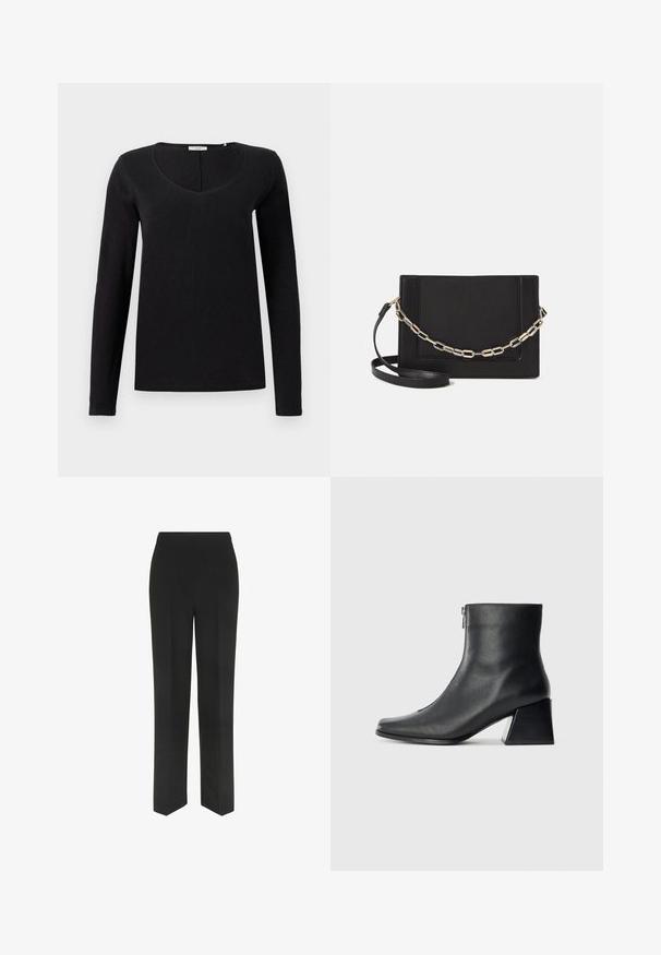 Black long-sleeve t-shirt with a V-neck design, made from soft fabric with a smooth texture. Simple, classic cut with no embellishments.; Black trousers with a straight leg design, featuring a simple waistband and no visible pockets, displayed against a white background.; Black leather ankle boot with square toe, side zipper, and block heel against plain light background.; Black leather crossbody bag featuring a smooth texture, rectangular shape, and a metallic chain detail on the front. Adjustable strap included.