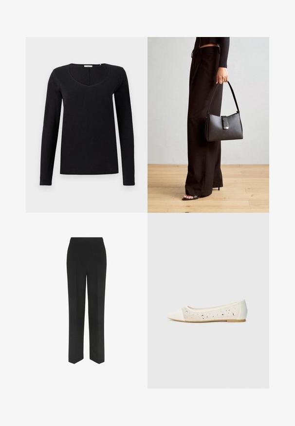 Must have pikka must t-särk, millel on pikad varrukad ja V-kaelus, valmistatud pehmest kangast, mille struktuur on sile. Lihtne ja klassikaline lõige ilma kaunistusteta.; Mustad mustad püksid sirge säärega disainiga, lihtsa vöökoha ja ilma nähtavate taskuteta, esitatud valgel taustal.; Kohev varbaosa, kreemikad nahkplätud, mille läbipaistev ülaserv on kaunistatud laiali asetatud sädeleva kivid. Pehme talla disain mugavuseks, minimalistlik välimus.; Must musta kott, millel on struktureeritud kuju, sile tekstuur ja metallist klamber. Kombineeritud laiate mustade pükstega ja avatud varvaste sandaalidega puidust põrandal.