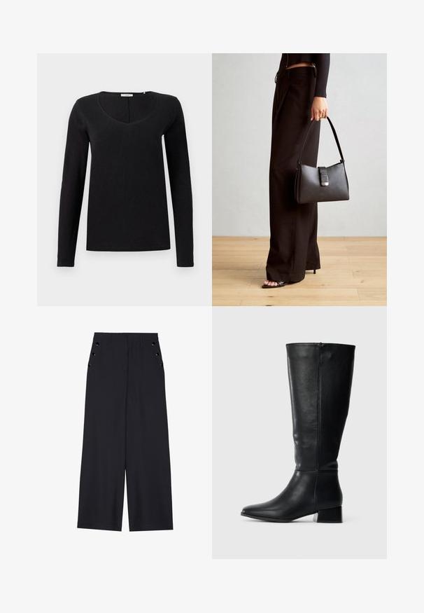 Fekete, hosszú ujjú póló V-neck (mélyen kivágott) dizájnnal, puha anyagból, sima textúrával. Egyszerű, klasszikus szabás, díszítések nélkül.; Sötét tengerészkék, széles lábú nadrág, sima textúrával, elől redőkkel és díszes, aranyszínű szélekkel a zsebeknél.; Fekete bőr, térd fölé érő csizma alacsony blokk sarkú, hegyes orral, oldalról, sima világos háttér előtt bemutatva.; Fekete kézi táska strukturált formával, sima textúrával és fémből készült záródással. Széles fekete nadrággal és nyitott orrú szandállal párosítva, fából készült padlón.