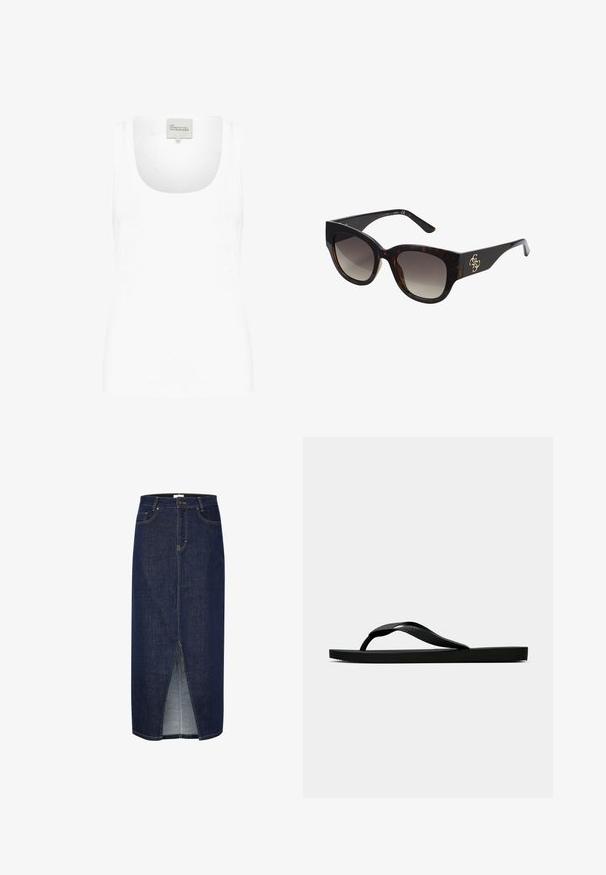 Balta maikutė be rankovių, pagaminta iš minkštos medvilnės. Turi platų apvalų iškirpimą ir siauras petnešas. Paprastas, prigludęs dizainas be raštų.; Tamsiai mėlyna džinsinė pieštuko sijonas su priekinėmis skeltuvėmis, kuris turi geltonus siūlus ir klasikinį penkių kišenių dizainą. Uždarymas su užtrauktuku nugaroje.; Juodas gumos šlepetės tipo sandalai su tekstūruota dirželiu ir paprastu plokščiu padu, rodomi iš šono ant vientiso šviesaus fono.; Papūgų kiautų saulės akiniai su per didelėmis stačiakampėmis rėmeliais, gradientiniais lęšiais ir auksiniu logotipu ant šoninės dalies. Lygus plastiko paviršius.; Kreminės odos rankinė pusmėnulio formos, su auksiniais aksesuarais, juodais akcentais ir nuimamu dirželiu. Yra grandinėlės detalė ir etiketė.