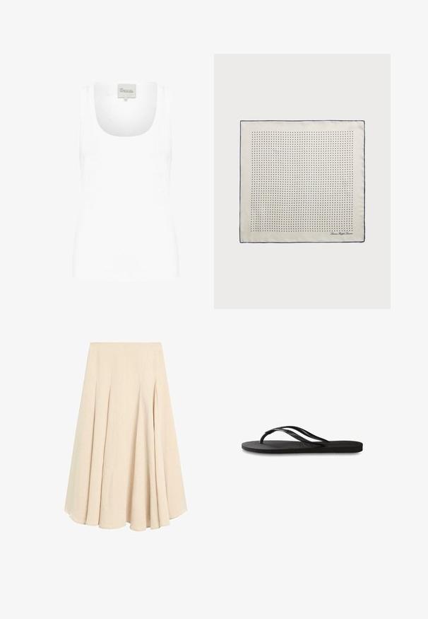Weißes Tanktop aus weichem Baumwollmaterial. Verfügt über einen weiten Rundhalsausschnitt und schmaleTräger. Einfaches, tailliertes Design ohne Muster.; Beige Midirock in A-Linie mit Falten, aus leichtem Stoff, mit einem glatten Taillenbund und einem ausgestellten Saum.; Schwarze Flip-Flops mit einer strukturierten Gummisohle, zwei schlanken Riemen und einem dezenten, geprägten Logo-Detail auf dem Riemen.; Seidenschal in Creme mit einem Marineblauen Rand, der gleichmäßig verteilte marineblaue Punkte in einem Muster zeigt. Signatur in der Ecke gedruckt.; Braune Wildlederhandtasche mit strukturierter Form, silbernem Logo-Element, kurzem Tragegriff und abnehmbarem Schultergurt. Glatte Textur, minimalistisches Design.