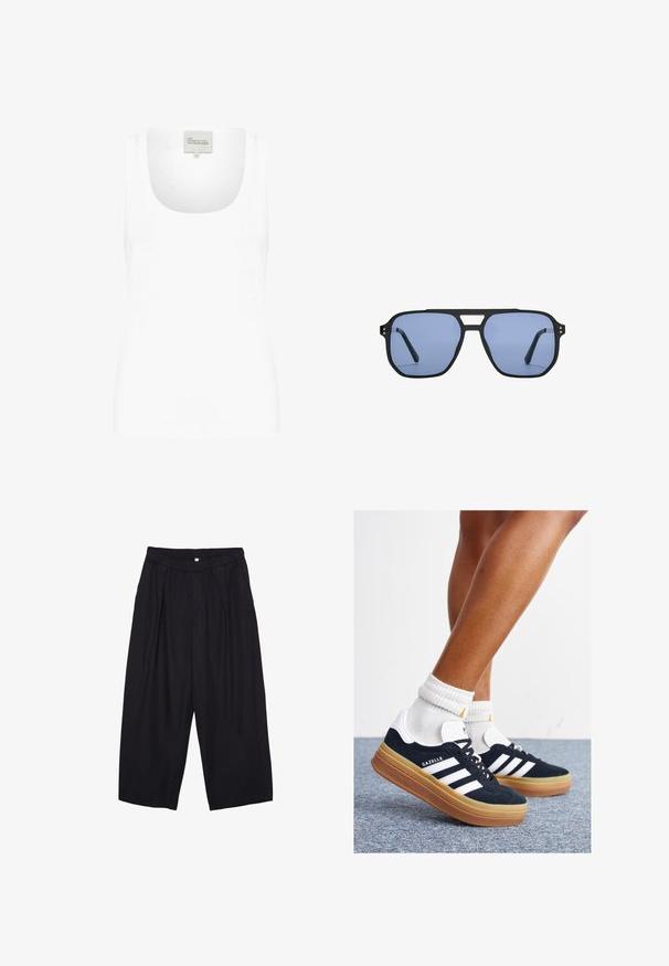 Weißes Tanktop aus weichem Baumwollmaterial. Verfügt über einen weiten Rundhalsausschnitt und schmaleTräger. Einfaches, tailliertes Design ohne Muster.; Schwarze Polyester-Culotte mit einem elastischen Bund, zwei vorderen Falten und einer lockeren Silhouette. Keine sichtbaren Muster oder Hardware-Details.; Schwarze Wildledersneaker mit weißen Streifen und Akzenten, rundlicher Zehenbereich, Sohlen aus braunem Gummi, kombiniert mit weißen, gerippten Sneakersocken.; Stradivarius RETRO - Sonnenbrille - light blue