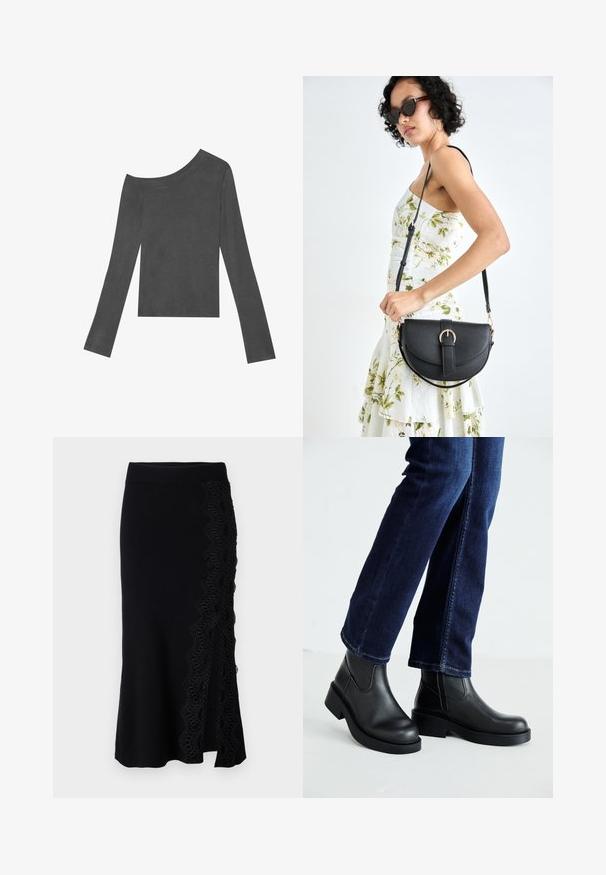 Pelēks, garām piedurknēm tops ar plecus atklājošu dizainu. Izgatavots no mīkstas auduma ar gludu tekstūru un taisna griezuma malu.; Melnā adīta svārki ar viļņveida mežģīņu detaļu sānos. Apakšmalai ir nedaudz paplašināta forma, un josta ir gluda un pieguļoša.; Melnas ādas potīšu zābaki ar masīvu zoli un sānu elastīgām daļām, kombinēti ar tumši ziliem džinsiem. Zeme ir gaišā krāsā.; Melnas ādas rokassoma ar izliekta formu, noņemamu siksnu un zelta aksesuāriem. Somai ir vāciņš ar sprādzes detaļu.