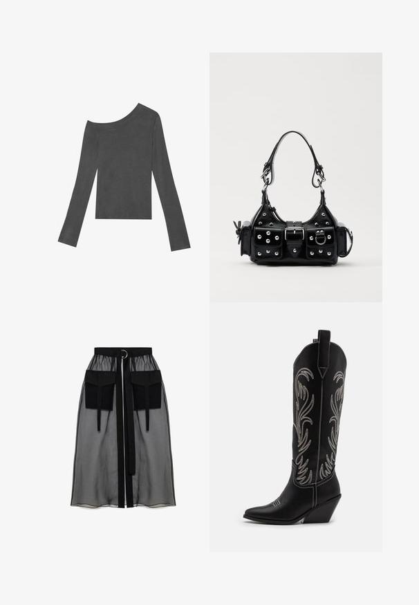 Hallide, pika varrukaga topp, millel on avatud õlavarre disain. Valmistatud pehmest kangast, millel on sile tekstuur ja sirge lõikega äär.; Must mustriga seelik, millel on kogutud vöökoht, kaks suurt esitaskut, vöötie ja ringikujuline metallaktsent.; Mustad mustad nahast cowboy saapad terava ninaga, vööndkanna ja hõbedaste tikanditega lillemustritega varred. Kontrastõmblused üle kogu.; Must värvi nahast käekott, millel on kaarjas disain, hõbedased nupukesed, kinnitusahe ja kaks külgtaskut. Reguleeritav rihm erinevate kandmisvõimaluste jaoks.