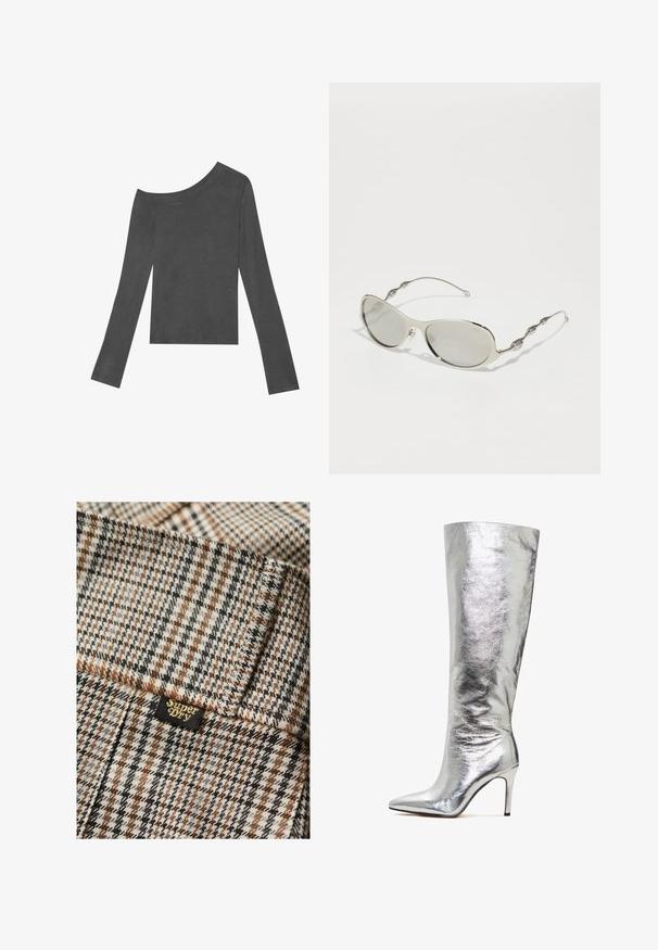 Grijze, lang mouwtop met een off-shoulder ontwerp. Gemaakt van zachte stof met een gladde textuur en een recht gesneden zoom.; Bruin, grijs en zwart geruit stof met een gestructureerde afwerking. Inclusief een klein zwart label met "Superdry" in gouden letters.; Zilveren hoge stiletto laars met een puntige neus, gemaakt van glanzend metallic materiaal, met een slanke, aansluitende pasvorm en hoge hak.; Zilveren zonnebril met ovale lenzen, dunne metalen montuur en golvende pootaccenten. Lenzen zijn licht getint en het montuur is stijlvol en modern.