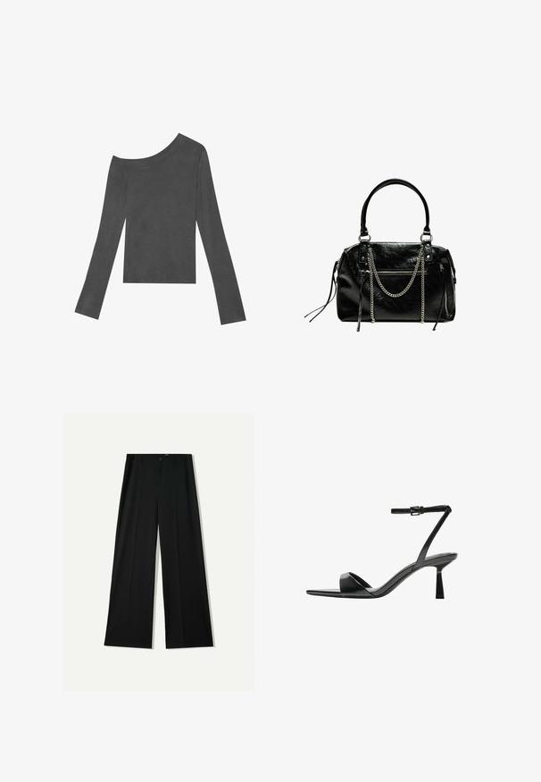 Sivý, dlhý rukáv top s off-shoulder dizajnom. Vyrobený z mäkkej tkaniny s hladkou textúrou a priamym lemom.; Bershka WIDE - Nohavice - black; Bershka Sandále na vysokom opätku - black; Bershka WITH CHAIN - Kabelka - black