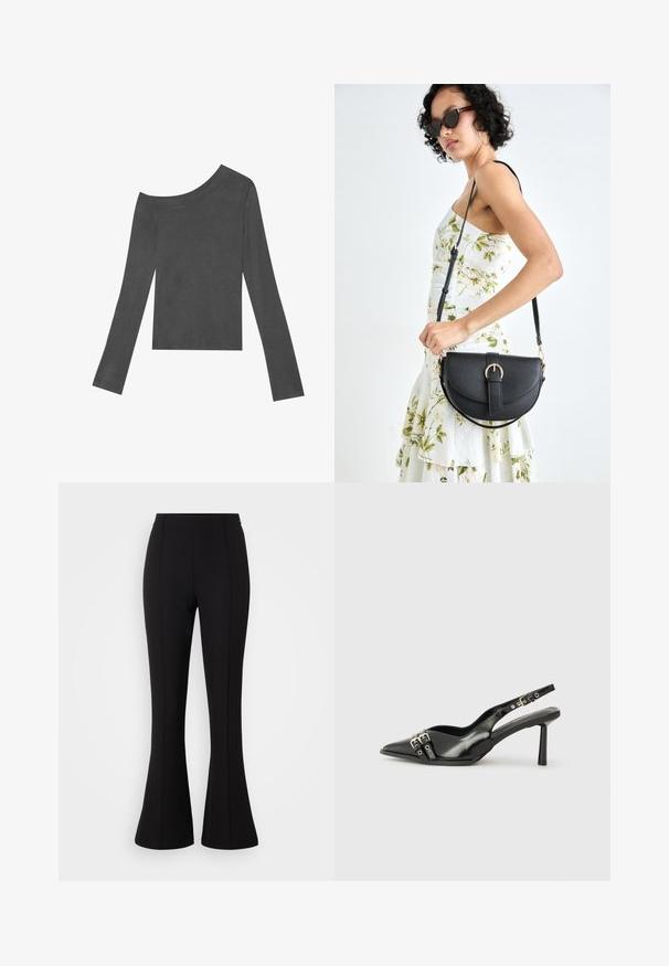 Top gri, cu mâneci lungi și design off-shoulder. Fabricat dintr-un material moale, cu o textură netedă și un tiv drept.; Pantaloni negri evazați, realizați dintr-un material elastic, cu o textură netedă, talie înaltă și detalii cu cusături pe partea din față.; Pantofii slingback din piele lăcuită neagră, cu vârf ascuțit, bretele pentru gleznă cu catarame și accesorii din argint, și un toc subțire.; Geantă din piele neagră, cu o formă curbată, curea detașabilă și accesorii aurii. Geanta are un capac cu un detaliu tip cataramă.