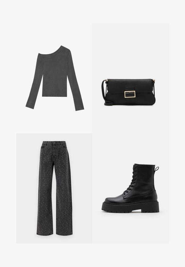 Hallide, pika varrukaga topp, millel on avatud õlavarre disain. Valmistatud pehmest kangast, millel on sile tekstuur ja sirge lõikega äär.; Noisy May NMJANNEL LOOSE - Avar lõikega teksad - black denim; Mustad mustad nahast pahkluu saapad ümarate varvastega, nööridega esiosas ja paksu kummist talla ning tekstuuritud mustriga. Tagumine tõmbeaas.; Must haben musta nahkklahviga kott, millel on klapp ja kuldne metallist pandla detail. Kaasas must rihm ja stiilne, minimalistlik disain.; Kulla värvi nõelad, õhukesed ja ümmargused, millel on sile metallist pind ja ilma kaunistuste või mustriteta.