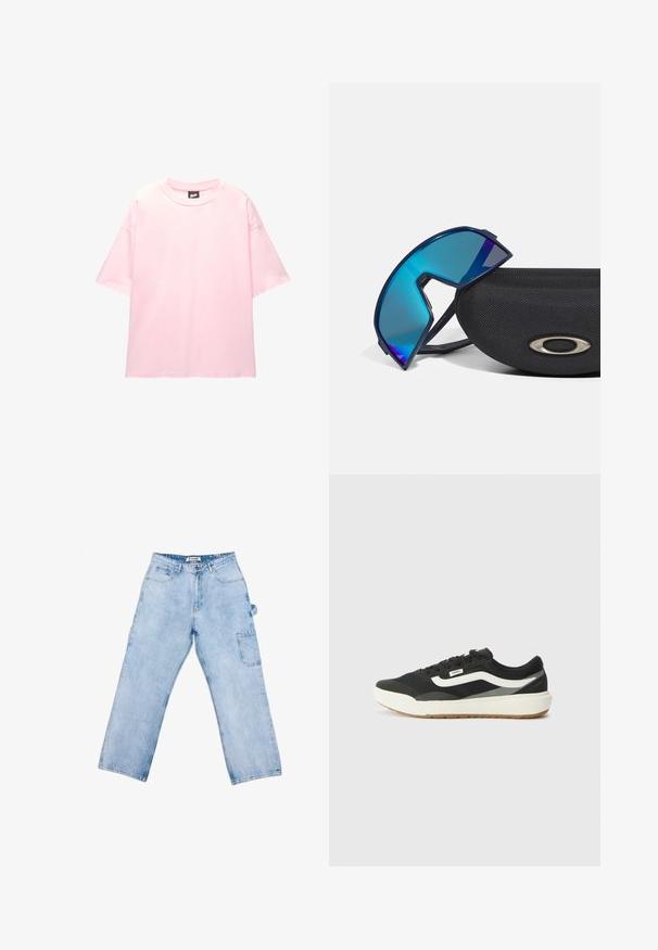 Vaaleanpunainen ylisuuri t-paita, joka on valmistettu puuvillasta, lyhythihaisilla, pyöreällä kaula-aukolla ja edessä valkoista brodeerattua tekstiä.; Vaaleansiniset farkku cargo-housut rennoilla istuvuudella, joissa on etutasku ja sivuvarustetasku, ommeltuja yksityiskohtia sekä suora lahjetilanne.; Mustat lenkkarit valkoisilla yksityiskohdilla, joissa on sileä synteettinen päällinen, pyöreä muoto ja kumipohja, yhdistettynä vaaleanbeigeihin housuihin.; Sunglasses wraparound yang berwarna biru dengan desain sporty, terletak di atas kotak hitam bertekstur yang menampilkan aksen logo metalik.