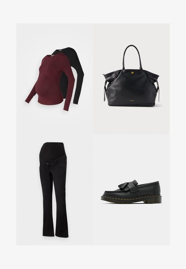 Maternitātes garās piedurknes blūzes bordo un melnā krāsā. Mīksta auduma ar izliektu priekšpusi, kas nodrošina elastību. Apaļi kakla izgriezumi un pieguļošas piedurknes.; Grūtniecības džinsi melnā džinsā ar elastīgu jostas daļu, kas paredzēta pāri vēderam, pieguļošiem pie gurniem un augšstilbiem, un izplestiem pie kāju apakšas.; Melnas ādas mokasīni ar apaļu purngalu, piedāvā frizētus detalizējumus un dekoratīvu joslu priekšā, uz masīva papēža.; Melna ādas tote soma ar reljefu, zelta detaļām un divām noapaļotām rokturiem. Izceļas ar drošu aizdari un minimālu zīmola logotipu.