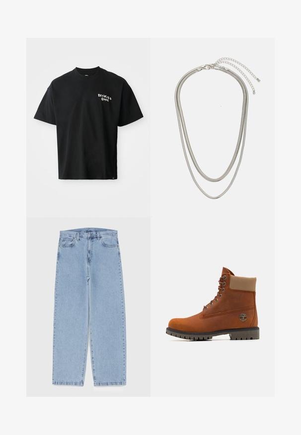 Juodas trumpomis rankovėmis medvilninis marškinėliai, laisvo kirpimo. Frontinėje pusėje yra baltas „Dickies“ logotipas. Apvalus kaklas, vientisos spalvos.; Šviesiai mėlyni džinsai su tiesiomis kojomis, turintys vidutinio aukščio juosmenį, penkias kišenes ir mygtuko bei užtrauktuko uždarymą.; Timberland Suvarstomi aulinukai - medium orange; Trijų sluoksnių sidabrinė metalinė apyrankė, kuri pasižymi stilingomis, lankstosiomis grandinėlėmis su švelniu blizgesiu, užsegama krabų užsegimu ir reguliuojama grandinė.