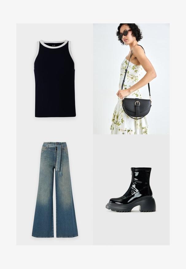 Mornarska rebrasta majica bez rukava s bijelim okruglim izrezom i izrezima za ruke. Izrađena od mekanog materijala, ima uski kroj bez ukrasa.; Široke traperice s gradijentom od svijetloplave do tamnoplave, visokog struka, petljama za remen i remenom od istog materijala. Teksturirana traper tkanina.; Sjajna crna platforma čizma do gležnja s zaobljenim vrhom, debelim potplatom, zatvaranjem na zip i debelim rebrastim potplatom na bijeloj pozadini.; Crna kožna torba s lukovitim oblikom, odvojivim remenom i zlatnim detaljima. Torba ima preklop s kopčom.